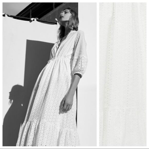ZARA CUTWORK EMBROIDERY WHITE V-NECK MIDI DRESS - Picture 4 of 8